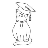 ein süß Katze mit ein Absolvent Hut. Hand gezeichnet Gekritzel Vektor Illustration, schwarz Umriss. zurück zu Schule Thema Element.
