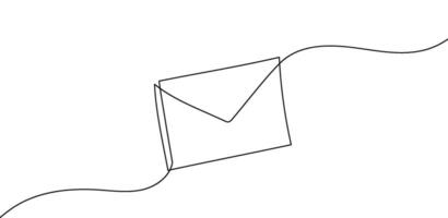 kontinuerlig ett linje post kuvert brev drunkning illustration. e-post skiss konst posta grafisk brev meddelande. nyhetsbrev papper skicka ikon. post symbol vax dragen översikt. vektor illustration.