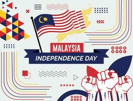 malaysia nationell dag baner med Karta, flagga färger tema bakgrund och geometrisk abstrakt retro modern color design med Uppfostrad händer eller nävar. vektor
