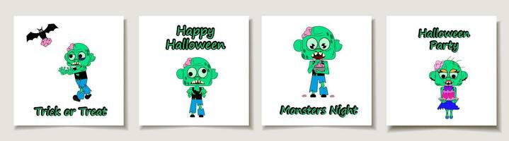 einstellen von Halloween Karten mit einstellen von vier Karikatur Zombie. . Halloween Kostüm Konzept. Gruß Karten mit Magie Artikel. vektor