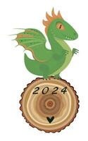trä- grön drake på en trä- hjul, de symbol av 2024 år vektor