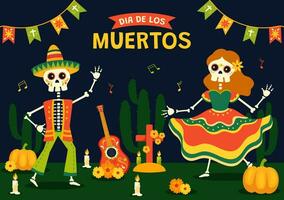 dia de los Muertos Vektor Illustration mit Tag von das tot, abspielen Musik, Skelett im Mexikaner Kostüme und Sombrero im eben Karikatur Hintergrund