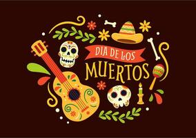 dia de los muertos vektor illustration med dag av de död, spela musik, skelett i mexikansk kostymer och sombrero i platt tecknad serie bakgrund