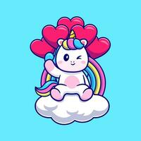 süß Einhorn Sitzung auf Wolke mit Regenbogen und Liebe Ballon Karikatur Vektor Symbol Illustration. Tier Natur Symbol Konzept isoliert Prämie Vektor. eben Karikatur Stil