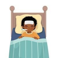 krank wenig afrikanisch Junge hat hoch Fieber Grippe und kalt Lügen auf Bett mit Thermometer im seine Mund vektor