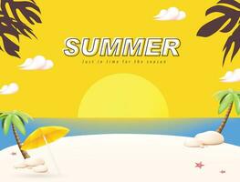 Sommer- Reise Poster Banner mit Sand und Sommer- Strand Sonnenuntergang Szene Design vektor