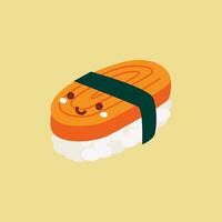 Vektor süß Sushi Lachs Karikatur Vektor Symbol Illustration. Essen Charakter Symbol Konzept. eben Karikatur Stil
