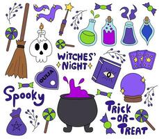Halloween Hexe Satz. Kessel, vergiften Flaschen, Ouija, Magie Buch, Tarot, Magie Ball, Besenstiel, Schädel, Kerze, Magie Zauberstab. vektor