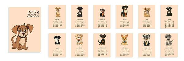 Kalender 2024 a4 mit Hund. Woche Start von Sonntag. 12 Monate. Kalender mit süß Hündchen farbig Umriss. Hand gezeichnet süß Hunde. Vektor Illustration.