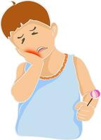 Zahnschmerzen. Zahn Verfall. Karikatur Zeichnung von Junge Essen Süßigkeiten. Gefühl das Schmerz, stellen Ihre Hände auf Ihre Wangen Leiden von stark Zahnschmerzen Vektor Illustration.