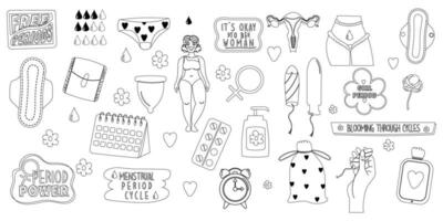 Gliederung feminin Hygiene Produkte Sammlung mit Beschriftung. Menstruation Zeitraum Frau. vektor