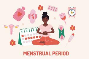 menstruation period platt design bakgrund med afrikansk amerikan kvinna vektor