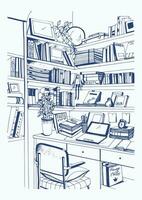 modern interiör Hem bibliotek, bokhyllor, arbetsplats hand dragen skiss illustration. vektor
