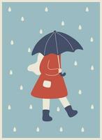 flicka i en röd täcka döljer under ett paraply från de regn vektor illustrering
