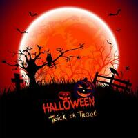 Halloween Trick oder behandeln Blut Mond mit unheimlich Kürbis Schläger Eule Spinnennetz Baum Kreuz vektor