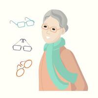 ein Alten Frau wählt Brille. Frau wählt, Vielfalt von Auge Brille. Welt Sicht Tag. vektor