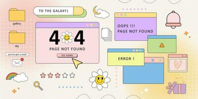 retro dator browser 90s vaporwave stil med leende daisy blomma. retrowave pc skrivbordet med 404 fel meddelande lådor och dyka upp användare gränssnitt element. vektor