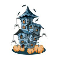 verfolgt Häuser mit Kürbisse, Spinnen, und Fledermäuse im Karikatur Stil. vektor