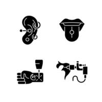 Tattoo- und Piercing-Meister schwarze Glyphensymbole auf weißem Raum. Ort, um wertvollen Schmuck in die Haut zu stecken. Entfernen von Tinte aus dem Körper. professionelles Werkzeug. Silhouette-Symbole. isolierte Vektorgrafik vektor