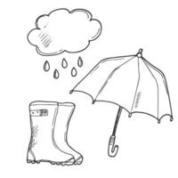 süß Gliederung Illustration von Wolke, Gummi Stiefel und Regenschirm. Wetter Konzept. regnerisch Tag. Wolke hält das Regenschirm. Hand gezeichnet Karikatur Kunst im Gekritzel skizzieren Stil. Kinder, Kinder Stil Baby Zeichnung vektor