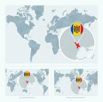 förstorade moldavien över Karta av de värld, 3 versioner av de värld Karta med flagga och Karta av moldavien. vektor