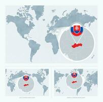 vergrößert Slowakei Über Karte von das Welt, 3 Versionen von das Welt Karte mit Flagge und Karte von Slowakei. vektor