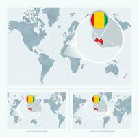 vergrößert Guinea Über Karte von das Welt, 3 Versionen von das Welt Karte mit Flagge und Karte von Guinea. vektor