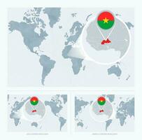 förstorade Burkina faso över Karta av de värld, 3 versioner av de värld Karta med flagga och Karta av Burkina faso. vektor