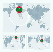 vergrößert Malediven Über Karte von das Welt, 3 Versionen von das Welt Karte mit Flagge und Karte von Malediven. vektor
