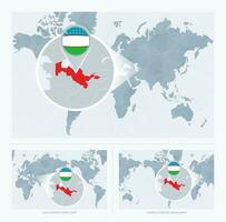 vergrößert Usbekistan Über Karte von das Welt, 3 Versionen von das Welt Karte mit Flagge und Karte von Usbekistan. vektor