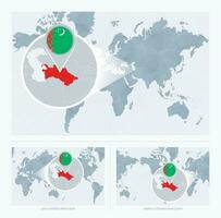 förstorade turkmenistan över Karta av de värld, 3 versioner av de värld Karta med flagga och Karta av turkmenistan. vektor