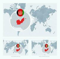 vergrößert Afghanistan Über Karte von das Welt, 3 Versionen von das Welt Karte mit Flagge und Karte von Afghanistan. vektor