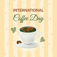 internationell kaffe dag affisch illustration.kaffe kopp med värld karta, kaffe bönor vektor