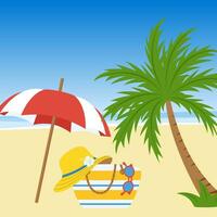 Sommer- Illustration mit ein Strand Tasche, Hut, Sonnenbrille im das Sand gegen das Meer vektor