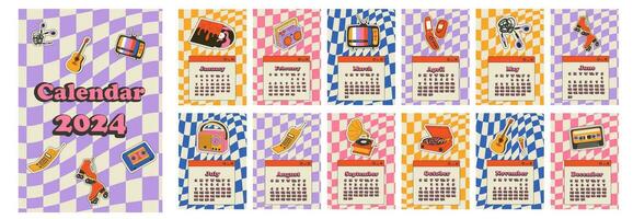 2024 Kalender mit retro Aufkleber Design. Kalender Planer minimal Stil, jährlich Veranstalter. Vektor Illustration