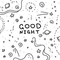 gut Nacht Kind Poster mit Nacht Zeit Himmel, Raum mit Sterne, Planeten, Komet. Vektor Karikatur Gekritzel Illustration.