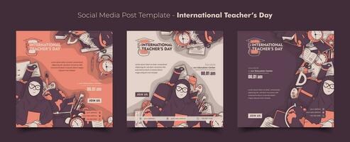 Sozial Medien Vorlage zum Lehrer Tag mit Illustration von weiblich Lehrer und Lernen Werkzeuge vektor