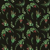 nahtlos Aquarell Muster mit schwarz Geäst, Gelb Wildblumen und rot Beeren auf schwarz Hintergrund. botanisch Sommer- Hand gezeichnet Illustration. können Sein benutzt zum Geschenk Verpackung Papier, Küche Textil- vektor