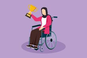 Grafik eben Design Zeichnung jung ziemlich arabisch Frau im Rollstuhl halt golden Tasse Trophäe Gewinner Podium. deaktiviert Person. Turnier Spiel Wettbewerb, Sport Ausbildung. Karikatur Stil Vektor Illustration