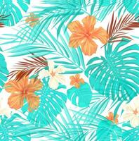 nahtlos tropisch Vektor Muster mit Monstera Palme Blätter und Hibiskus Blumen