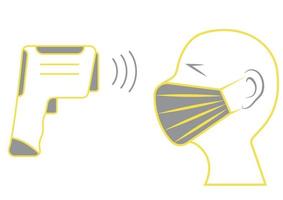 Überprüfen Sie die Körpertemperatur des Menschen mit einem berührungslosen Infrarot-Thermometer. Temperatur-Scan-Zeichen. Maske im Gesicht. Coronavirus Prävention. Infografik-Elemente im Gesundheitswesen. Vektor