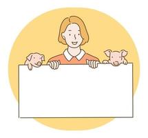 en kvinna håller en vit tavla med söta små grisar bredvid sig. handritade illustrationer för stilvektordesign. vektor