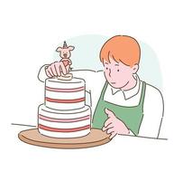 ein Mann setzt Dekorationen auf den Kuchen. handgezeichnete Stilvektordesignillustrationen. vektor