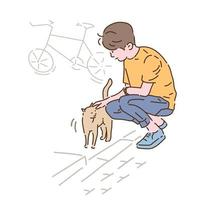 Ein Junge streichelt eine Katze, die er auf der Straße getroffen hat. handgezeichnete Stilvektordesignillustrationen. vektor