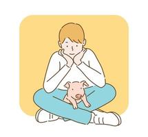 ein Junge sitzt auf dem Boden und ein Babyschwein ist auf seinem Bein. handgezeichnete Stilvektordesignillustrationen. vektor