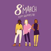 8 mars, glad kvinnodag. kvinnor olika nationaliteter och kulturer. med firande text citat. vektor