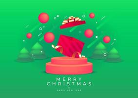 Frohe Weihnachten und ein glückliches neues Jahr mit roter Geschenkbox und goldenem Bandbanner. 3D-Tiefe und realistische festliche Gegenstände. vektor