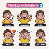 söt pojke i olika uttryck tecknad serie vektor ikon illustration. hand dragen känslor element samling.