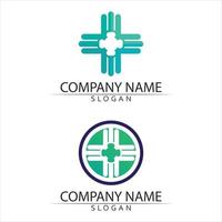 sjukhuslogotyp och hälsovårdslogotypdesignuppsättning och ikon mänsklig karaktär logotyp tecken sjukhus och företag vektor