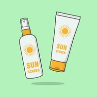 Sonnenschutz sprühen und Sonnenschutz Sahne Karikatur Vektor Illustration. Sonne Schutz kosmetisch Produkt eben Symbol Umriss. Sonnencreme oder Hautpflege
